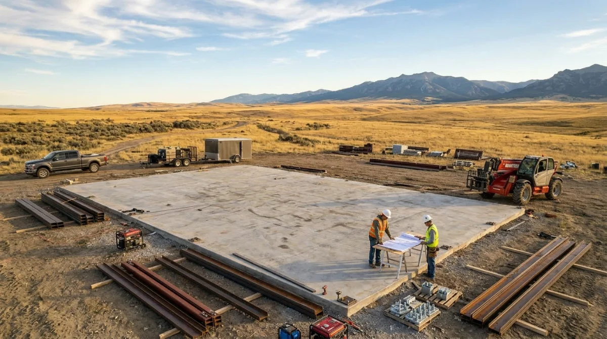 Concrete slab being poured for barndominium foundation in southeast Wyoming
