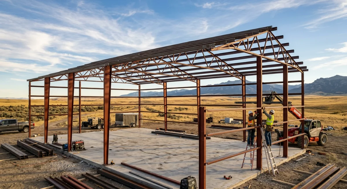 Steel post-frame barndominium structure going up on Wyoming acreage