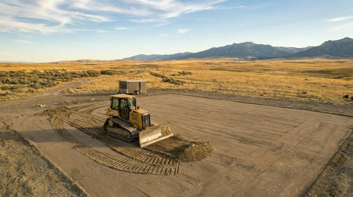 Building site graded and staked for barndominium pad preparation in Laramie County Wyoming